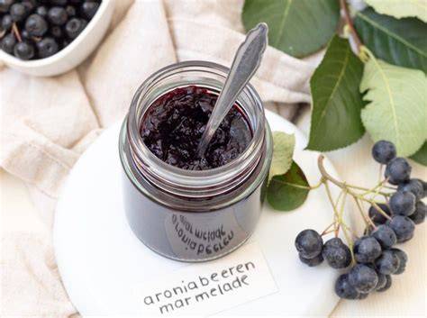 Aronia Marmelade mit Schokoladenstückchen im Glas