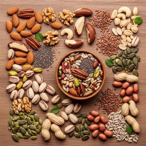 Assortment of raw nuts and seeds on wooden background