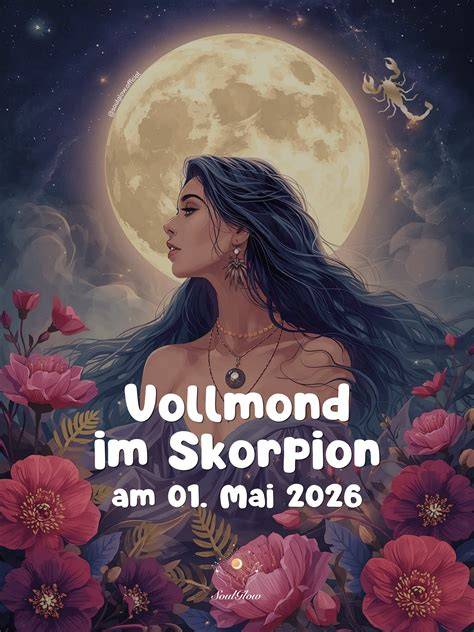 Astrologische Infografik: Vollmond im Skorpion, Symbole für Emotion, Intuition, Transformation