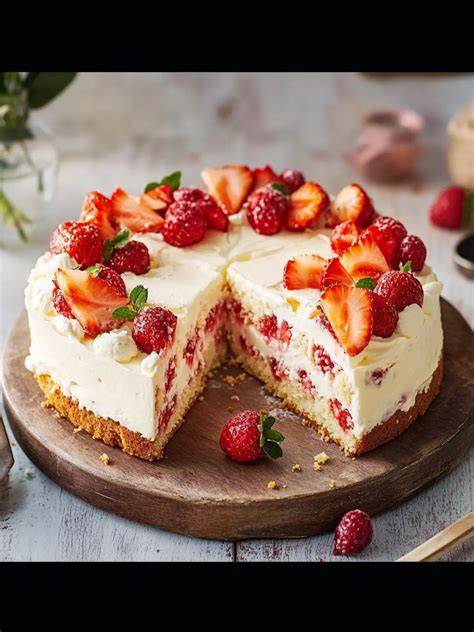 Aufbau einer Eierlikörtorte mit Erdbeeren: Boden, Eierlikör-Sahne, Erdbeerschicht, Spiegel