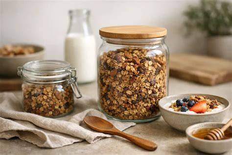 Aufbewahrung von Granola in Einmachgläsern auf einem Küchenregal