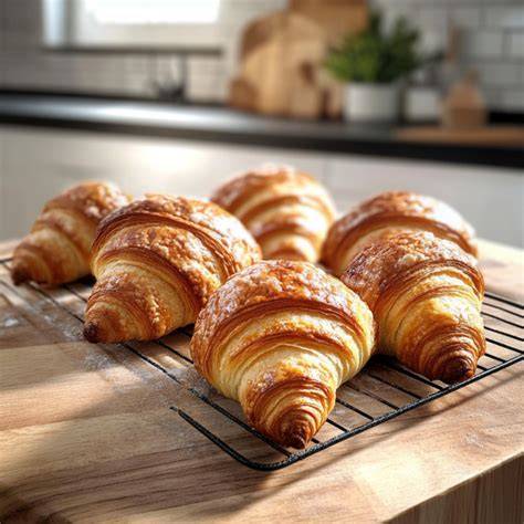 Aufgerollte Croissants auf Blechen in einer Boulangerie