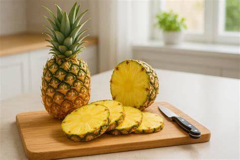 Aufgeschnittene Ananas und geschnittene Äpfel auf einem Holzbrett