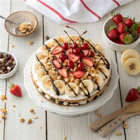 Aufgeschnittene Bananensplit-Torte auf Teller (Dekor mit Schokosoße und Schoko-Röllchen)