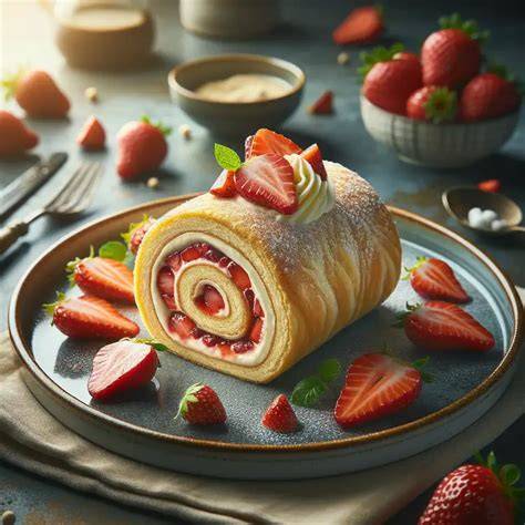 Aufgeschnittene Crêpe-Torte mit Erdbeerfüllung