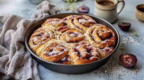 Aufgeschnittene Kirsch-Pudding-Schnecken in einer Backform