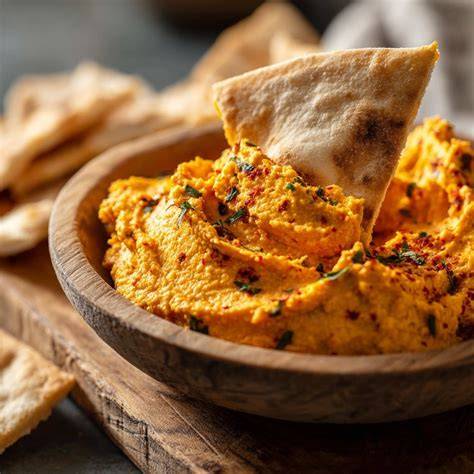 Aufgeschnittene Saatencracker mit Hummus