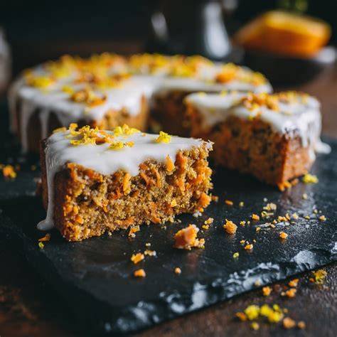 Aufgeschnittene Walnusstorte mit Pudding-Buttercreme, Orangensaft im Teig, Walnusskrokant am Rand