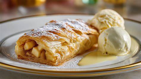 Aufgeschnittener Apfelstrudel mit Vanilleeis serviert
