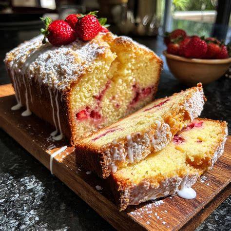 Aufgeschnittener Erdbeer-Rührkuchen auf Kuchengitter