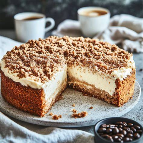 Aufgeschnittener Kuchen mit Kaffeesahne und Krümelstreu