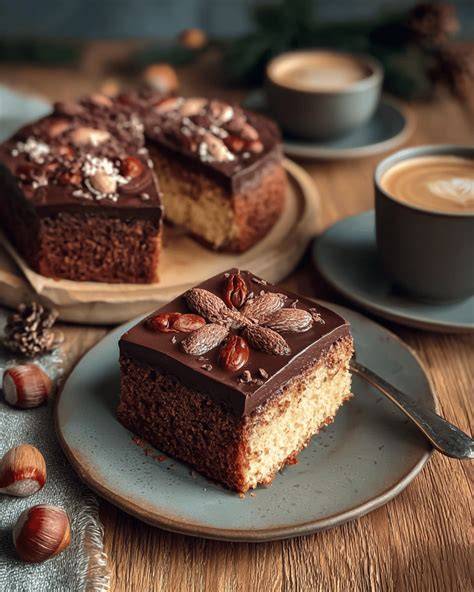 Aufgeschnittener saftiger Gewürzkuchen mit Nüssen und Schokoladenglasur