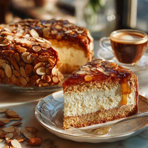 Aufgeschnittener veganer Mandel-Bienenstich mit sichtbarer Mandeldecke und Vanillecreme