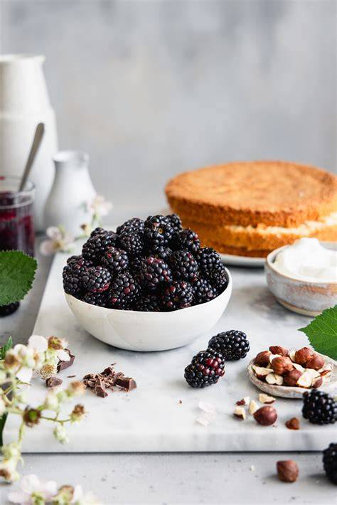Aufgespritzte Creme-Tupfen mit Brombeerpüree in der Mitte