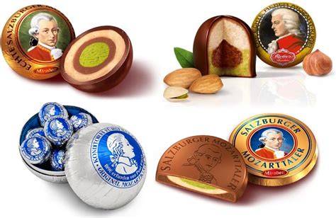 Auslage mit verschiedenen Mozartkugel-Marken: Reber, Mirabell, Fürst