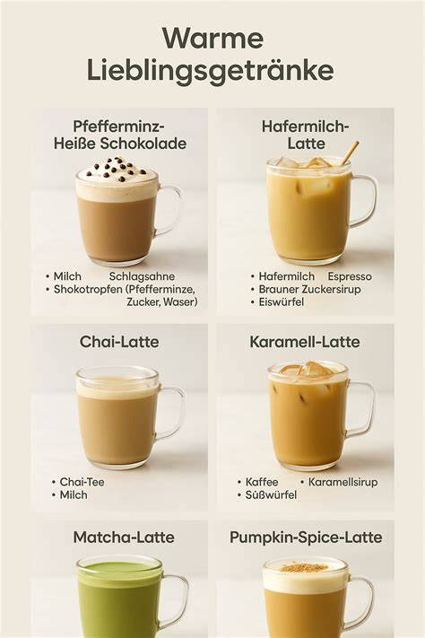 Auswahl an Getränken: Milchkaffee, Chai Latte, heiße Schokolade