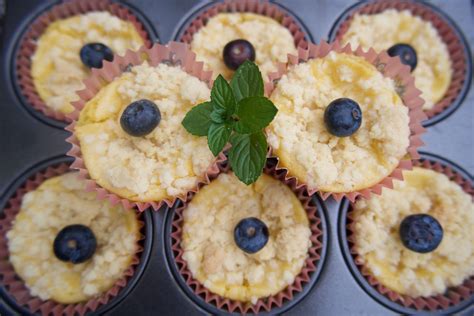 Auswahl an dekorierten Käsekuchen-Muffins: mit Früchten, Streuseln, Kakaowirbel