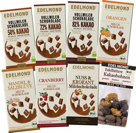 Auswahl verschiedener Edelmond Schokoladen, Verpackung, Drops, Tafel