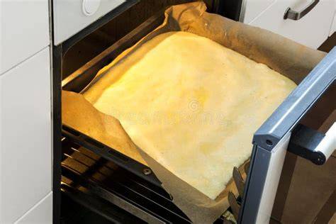Backblech mit Baiser-Schichten im Ofen