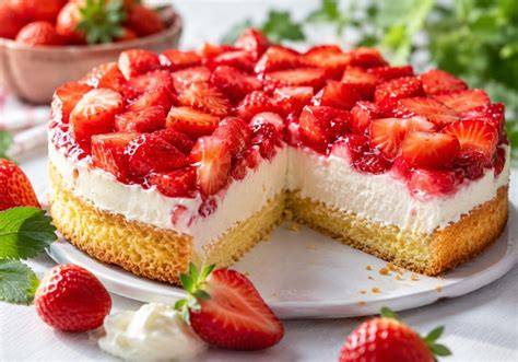 Backblech mit frisch belegten Erdbeeren auf Quarkcreme, Ansicht von oben