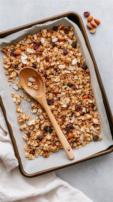 Backblech mit frisch gebackenem Granola