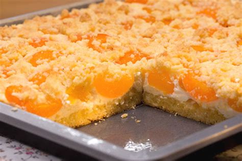 Backblech mit vorgebackenem Boden, darauf Quarkcreme, Aprikosenhälften und Streusel