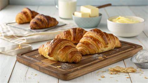 Backfertige Croissants auf dem Blech, mit Butter und Körnern