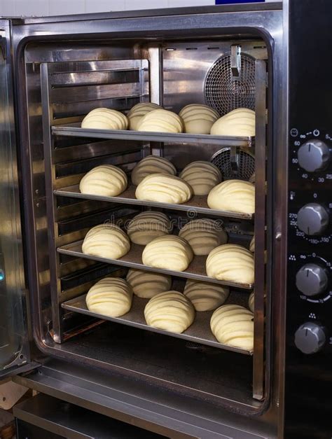 Backofen mit Brotteig auf einem Backblech und frisch gebackenen Broten