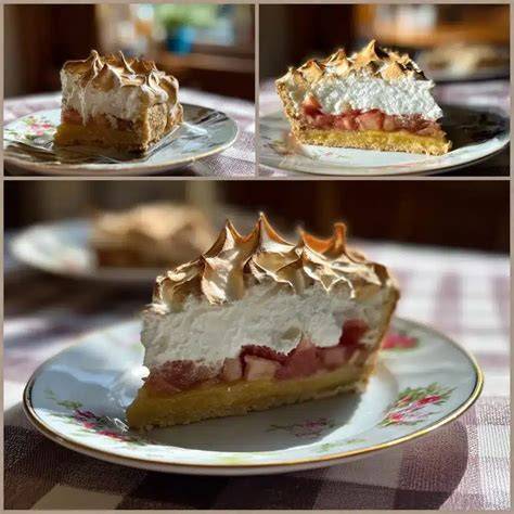 Baiserhaube mit Spitzen auf einem Rhabarberkuchen