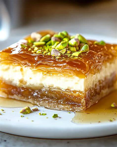 Baklava-Käsekuchen mit Filo-Schichten, Pistazien und Honigsirup, Schritt-für-Schritt-Visualisierung