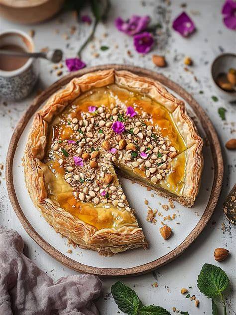 Baklava-Käsekuchen mit goldbrauner Filoteigschicht und Pistazienstreuseln