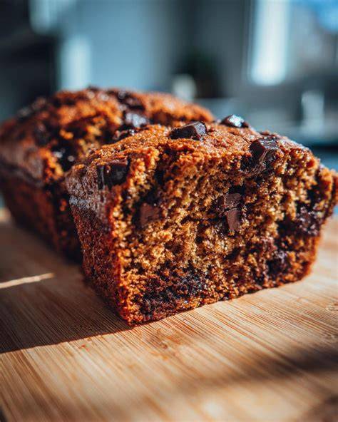 Banana Bread mit Schokostückchen auf einem Holzbrett