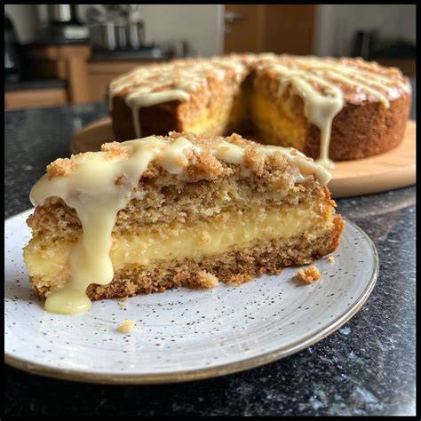 Bananen Blechkuchen mit Vanillepudding geschnitten auf Teller