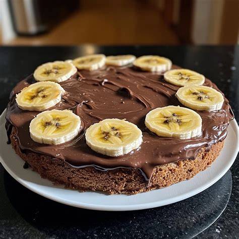 Bananen-Pudding-Torte angeschnitten mit Schokoguss