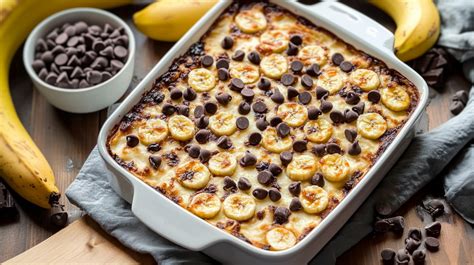 Bananen-Quark-Auflauf in Auflaufform mit Schokotropfen