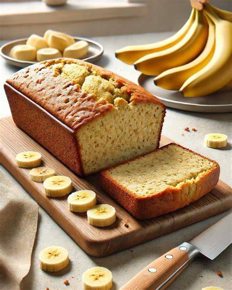 Bananen-Quark-Haferflocken-Kuchen auf Holzbrett, angeschnitten