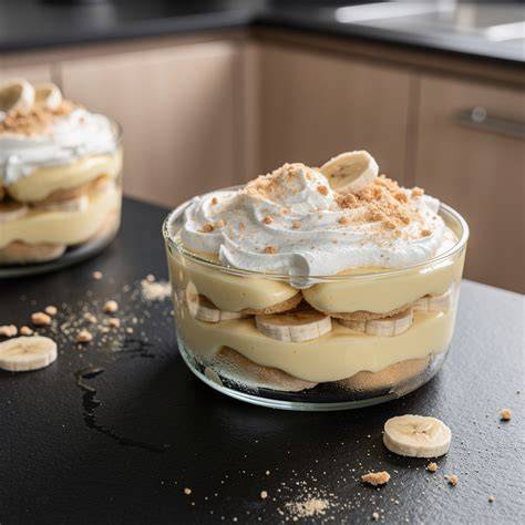 Bananenpudding mit Vanillecreme und Keksen geschichtet serviert