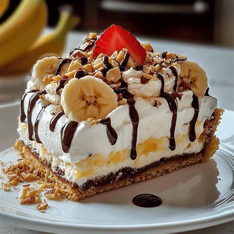 Bananensplit Kuchen mit dekorativen Schokospritzern und Mandelblättchen