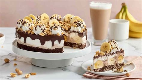 Bananensplit-Torte mit Schokoladensoße und Zebra-Röllchen dekoriert