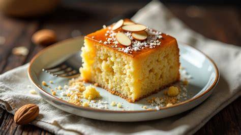 Basbousa im Anschnitt mit feuchtem Sirup
