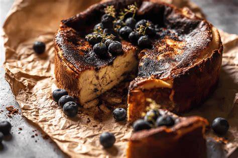 Basque Burnt Cheesecake: dunkle Kruste, cremiger Kern, Serviervorschlag