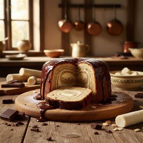 Baumkuchen mit Schokoladenglasur und Dekoration