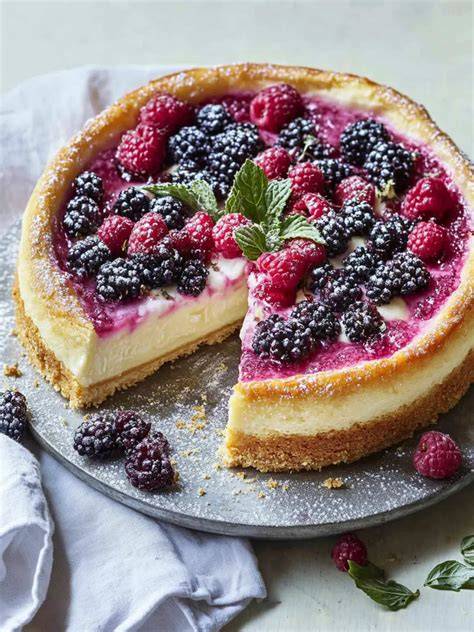 Beeren-Käsekuchen mit glänzenden Beeren und Minze