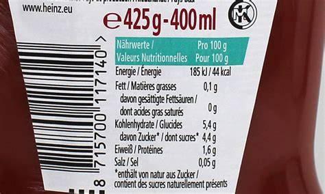 Beispiel Etikett von Ketchup: Nährwerttabelle und Zutatenliste