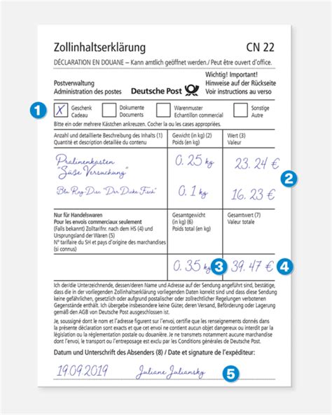 Beispiel für eine ausgefüllte Zollinhaltserklärung bei Schokoladengeschenk