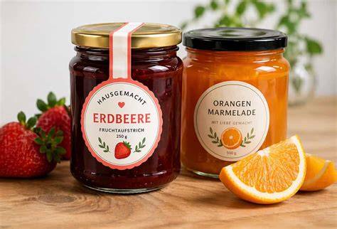 Beispiel-Marmeladenetiketten auf Gläsern