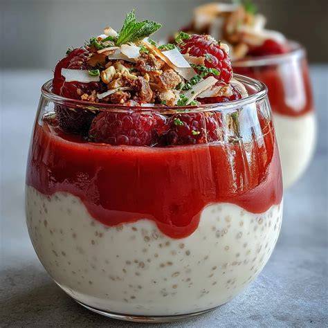 Beispielbild eines zweigläserigen Chia-Himbeer-Puddings mit Kokos