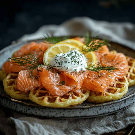 Belegte Kartoffelwaffeln mit Räucherlachs und Kräutern