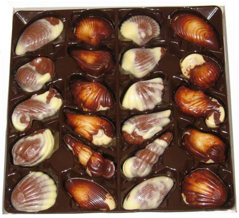 Belgische Meeresfrüchte Pralinen in der Schachtel, bereit zum Verkauf