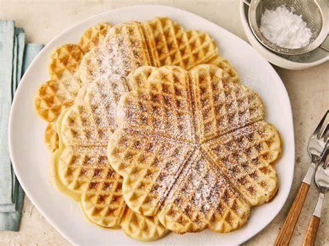 Belgische Waffeln ohne Butter auf Teller mit Puderzucker und Beeren